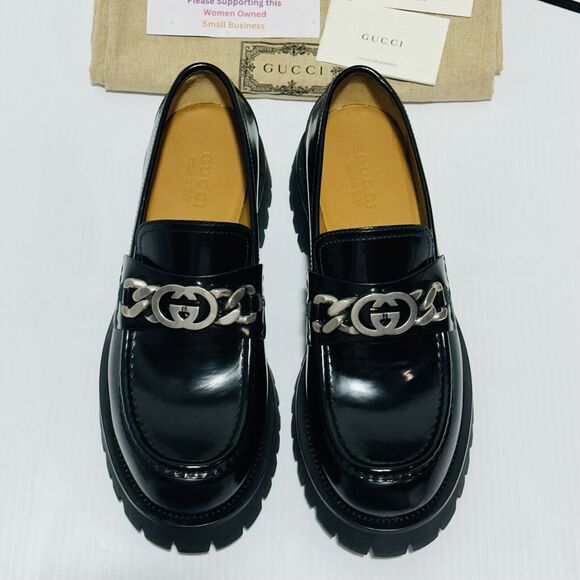 Gucci Interlocking G Chain 10.5/ US 11 Loafers Black Leather Lug Sole Shoes NIB - Picture 5 of 16